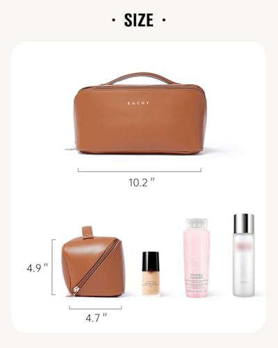 Travel Makeup Bag for Women Large - PU Leather Cosmetic Organizer, Brown, Open-Flat Design
