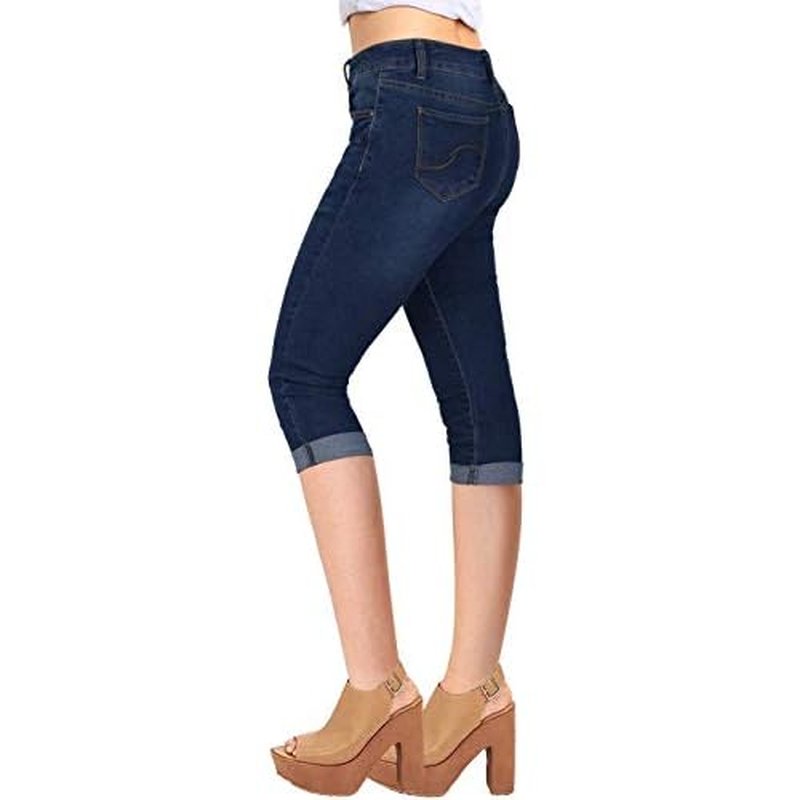 2LUV Women's Stretchy 5 Pocket Skinny Mid Rise Capri Ripped Denim Jeans