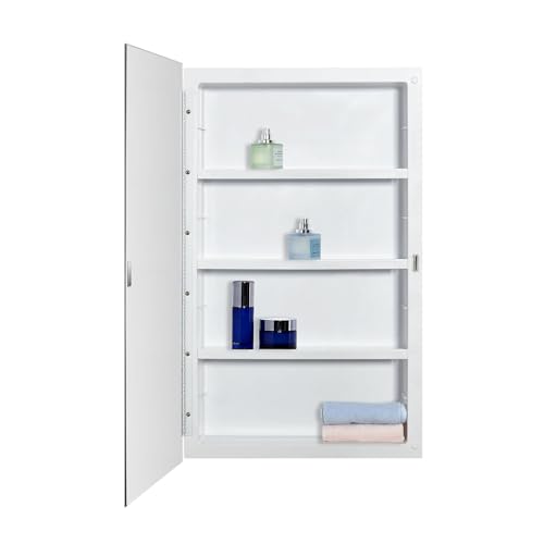 White Plastic Medicine Mirror Cabinet 16x26 Inch Beveled Door Surface & Recessed Mount