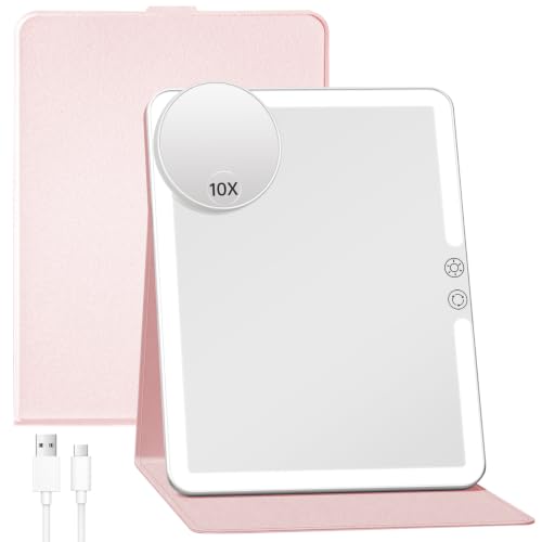 FUNTOUCH 2500mAh Rechargeable Travel Makeup Mirror with Lights - Pink N