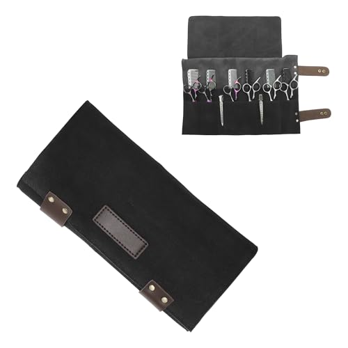 VOCOSTE Black Barber Scissors Roll-Up Bag with 12 Pockets, Durable Hair Tool Case