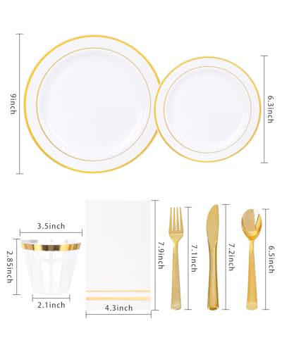 GATHER 700Pcs White & Gold Plastic Dinnerware Set for 100 Guests – Gold Trim