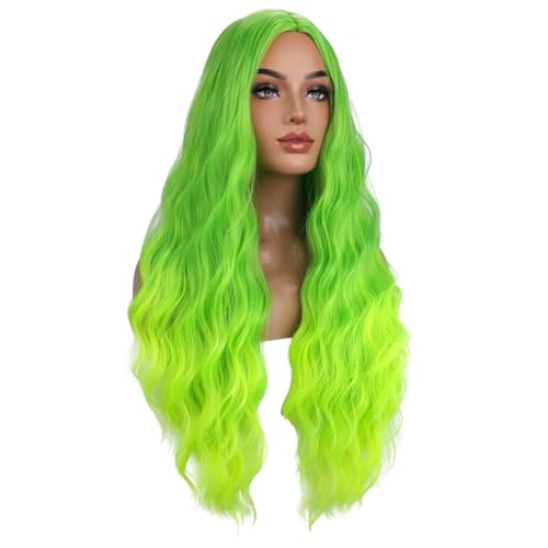 Green Ombre Neon Wavy Wig for Women Long Curly Synthetic Costume Hair - Adjustable