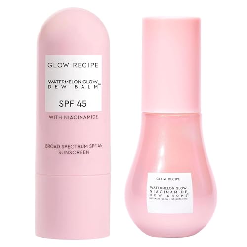 Glow Recipe Skincare Essentials Travel Duo - Watermelon Glow SPF Dew Balm Sunscreen (.58oz) + Niacinamide Dew Drops Serum with Hyaluronic Acid (15ml) - Protect from UVA Rays & Brighten Uneven Skin