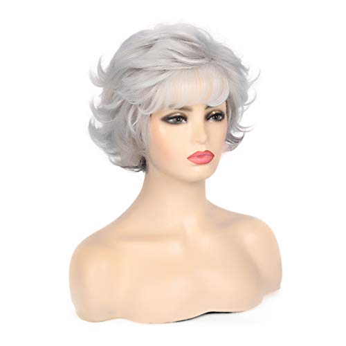 Grey Curly Costume Wig with Bangs for Women - Natural Look, Fluffy Synthetic Hair
