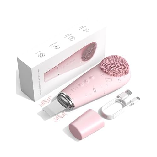 Facial Cleansing Brush & Massager, 2 in 1 Facial Skin Scrubber Waterproof and Rechargeable Face Scrub for Deep Cleansing Vibrating Exfoliator Scrubber Skin Care with 7 Modes, Gentle Exfoliating - Pink