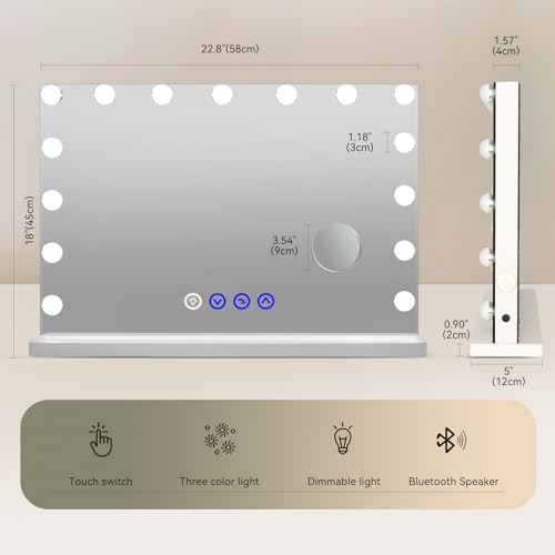 22.8 x 17.7 Inch Vanity Mirror with Lights & Bluetooth Speaker - Dimmable LED, 3 Color Modes, USB Charging Port