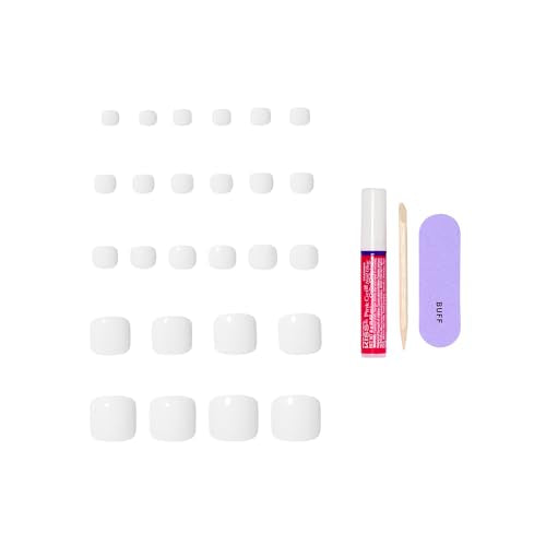 KISS CORE Color Press On Toenails, Toe-tally Yours, White, Squoval, 26 Count