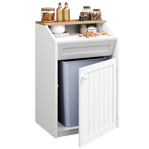 YATINEY White 13 Gallon Freestanding Trash Cabinet with Flip Door - Hidden Kitchen Waste Cabinet