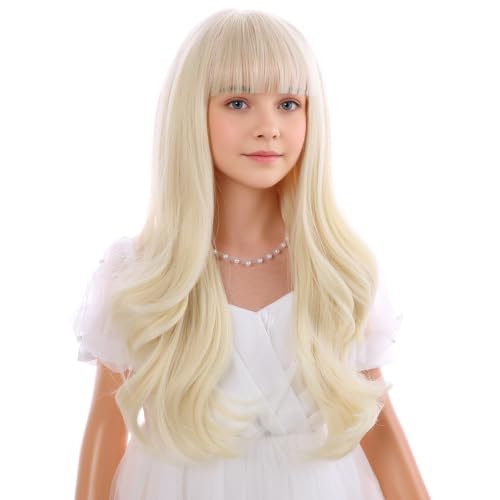 Kids Blonde Wig with Bangs - Light Blonde, Long Curly Wavy Costume Wig for Girls