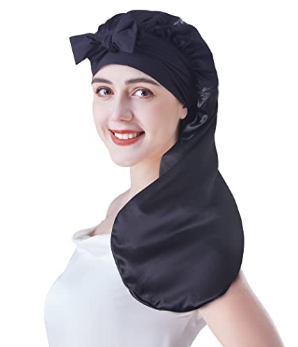 X-Large Mulberry Silk Sleep Bonnet for Curly Hair - Black, Adjustable Tie Band
