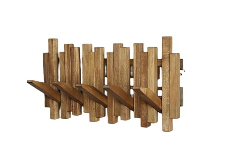 GOGREEBELL Natural Acacia Wood Wall Mounted Coat Rack with 5 Hooks