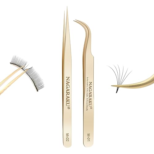 NAGARAKU Tweezers for Eyelash Extensions Straight and Curved Precision Professional Volume Easy Fanning lash Precise Point 1 Pair Tweezers for Lash(M-01 and M-02)