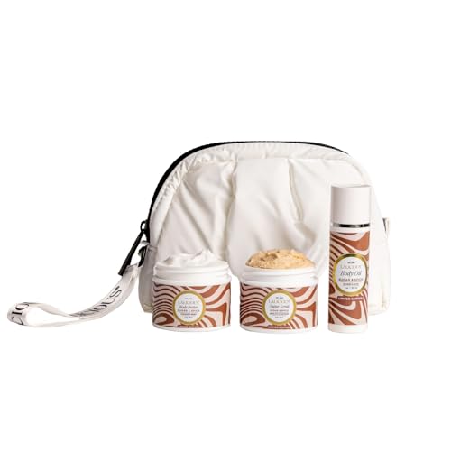 LaLicious Sugar & Spice Travel Set - Whipped Sugar Scrub, Hydrating Body Butter, Radiant Body Oil & Travel Bag - Exfoliate, Hydrate, Moisturize and Glow (4 Count)