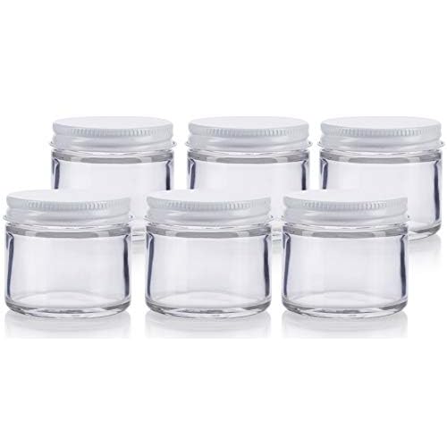 JUVITUS (6 pack) 2 oz / 60 ml Clear Thick Glass Jar with White Metal Airtight Lid