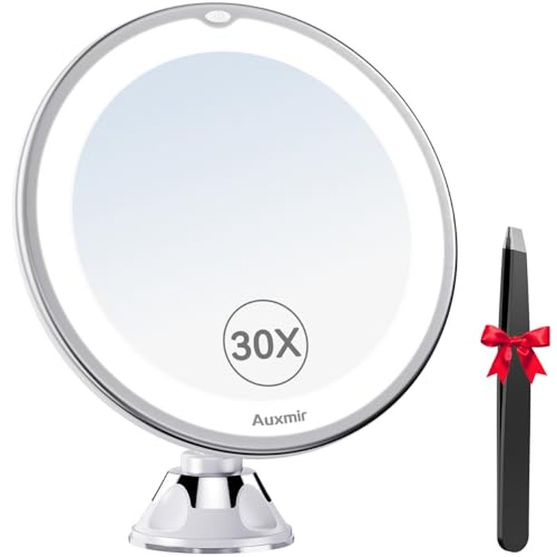Auxmir 2026 Upgraded 30X Magnifying Mirror with Light, Makeup Mirror with 2-Level Lights, Portable Magnifying Mirror Suction Cup and Tweezers, 360¡Æ Swivel, Vanity Bathroom Mirror for Home Travel