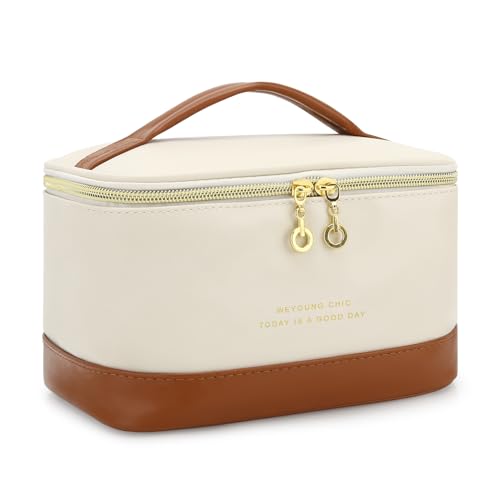 Small Makeup Bag Travel Cosmetic Bag Toiletry Zipper Pouch Make Up Organizer Bag with Handle Purse for Women Soft PU Leather Skincare Case (L01-Beige)