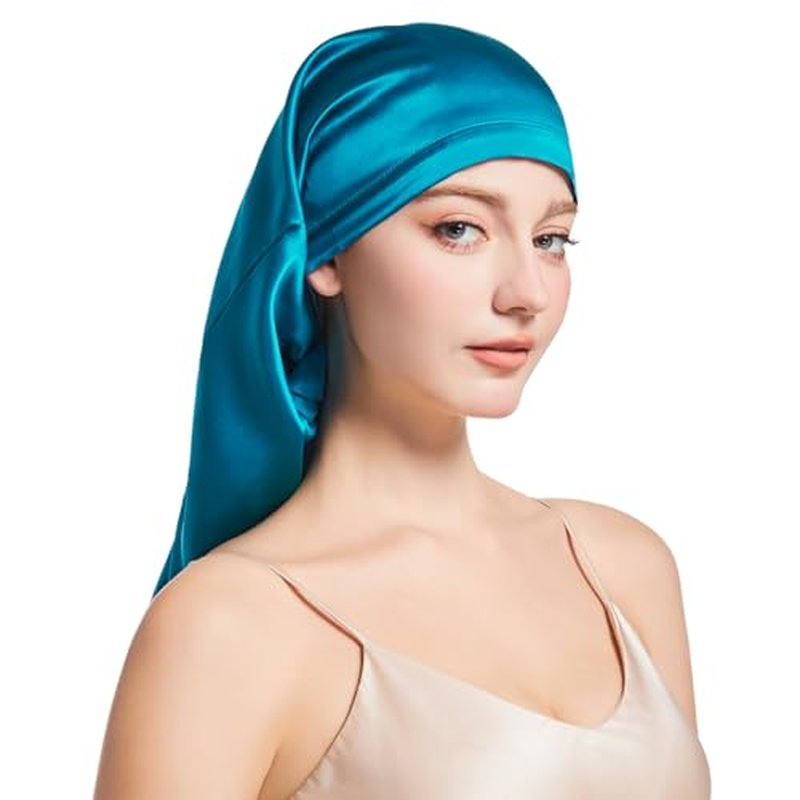 19 Momme 100% Mulberry Silk Cap for Sleeping Women,Adjustable Long Silk Bonnet for Curly Hair Elastic Night Cap