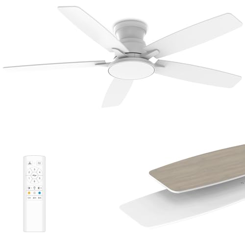 Flush Mount Ceiling Fan with Light 52 Inch White Remote Dimmable LED 6-Speed