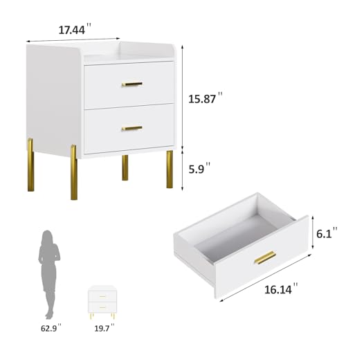Vabches Nightstand with Built-in Charging Station - White with Gold Handles