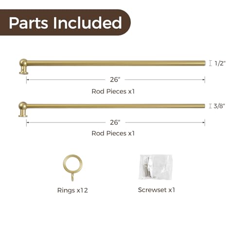 TWOPAGES Gold Cafe Curtain Rod 28-48 Inch with Rings - Adjustable Kitchen Window Drapery Support
