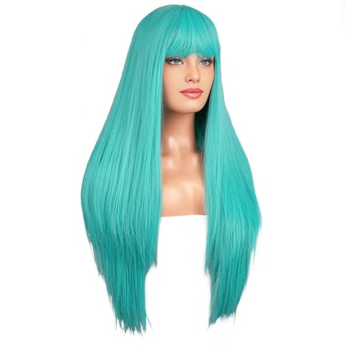 RightOn Blue Green Long Straight Wig for Cosplay & Daily Wear with Bangs, 26in