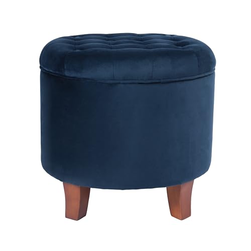 HomePop 19-Inch Velvet Button Tufted Round Storage Ottoman - Navy Blue