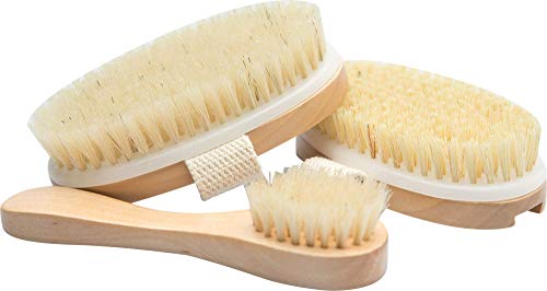 Dry Brushing Spa Kit with 1 Face Brush & 2 Body Scrub Brushes for Skin Exfoliation