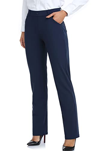 Oalka Women's Straight Leg Dress Pants - Medium Short Navy Blue Work & Yoga Pants