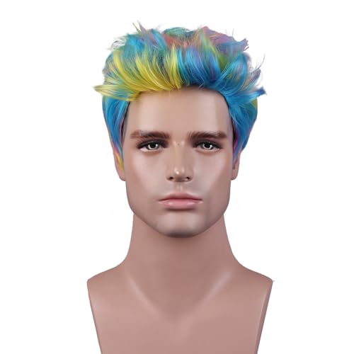 Rainbow Short Straight Synthetic Wig for Men & Boys - Cosplay & Party