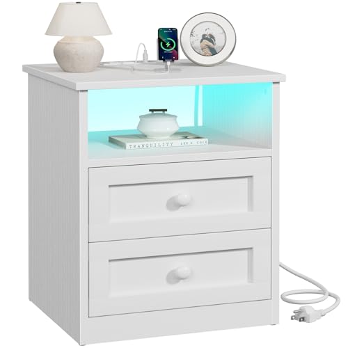 White Wooden Nightstand with Charging Station and LED Lights - Modern Bedside Table with 2 Drawers
