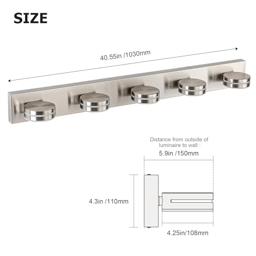 Bicrink 5-Light Dimmable Brushed Nickel Vanity Light Over Mirror, 40in, 350° Rotating Heads