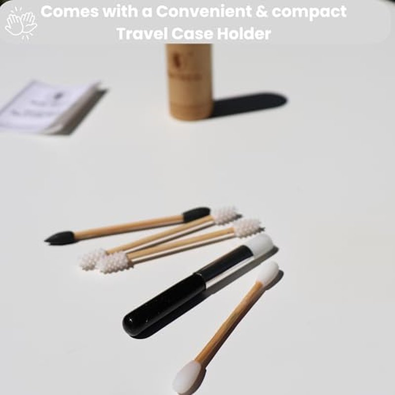 Bamboo Reusable qtip Ear Swab and Makeup Swabs Kit. 1 Case with 4 Reusable Silicone Bamboo Swabs for Ears, Baby, Beauty