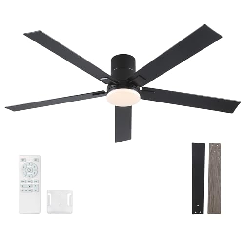 Rayqueen 60 Inch Flush Mount Ceiling Fan with Lights & Remote - Black / 60 Inch