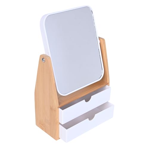Rectangular Magnifying Makeup Mirror with Storage Box - 1X/5X Double-Sided, Bamboo Frame