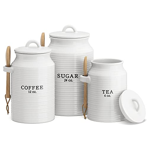 Barnyard Designs White Ceramic Kitchen Canister Set with 3 Lids - Tea, Coffee, Sugar, Set of 3