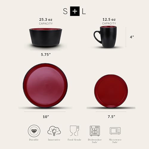 Stoneware Dinnerware Set for 4 - 16 Pieces, Red & Black, Modern Design