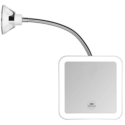 JiBen Square Flexible Gooseneck LED Lighted 10X Magnifying Makeup Mirror, Power Locking Suction Cup, Bright Diffused Light, 360 Degree Swivel, Portable Cordless Travel and Home Bathroom Vanity Mirror