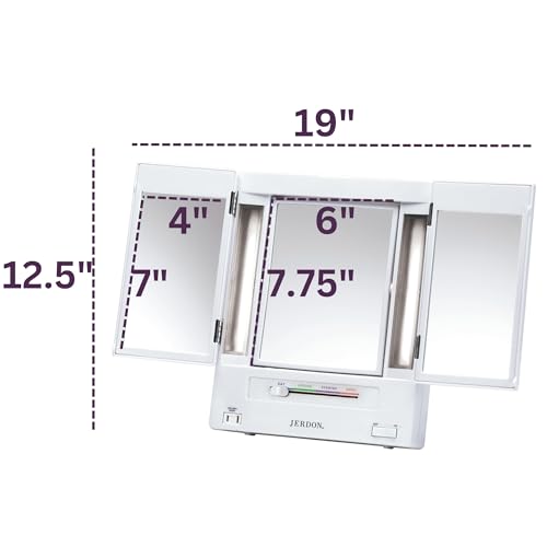 JERDON Tri-Fold Two-Sided Makeup Mirror with Lights - Vanity Mirror with 5X Magnification & Multiple Light Settings - White Base - Model JGL9W
