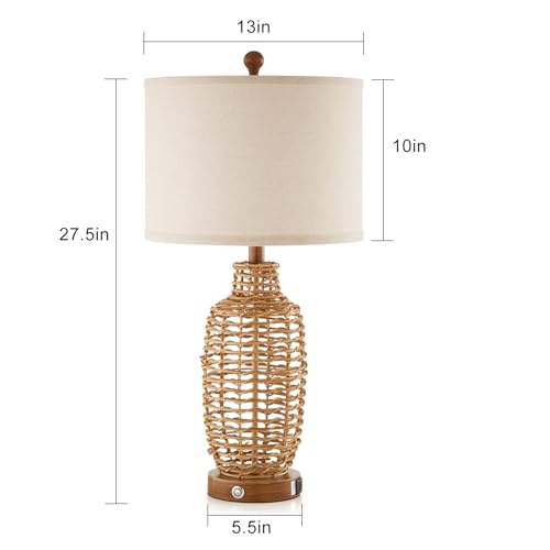 Natural Rattan Table Lamps Set of 2 with USB Ports - Dimmable Touch Control, Farmhouse Rustic Wicker Lamps for Bedroom Living Room Office