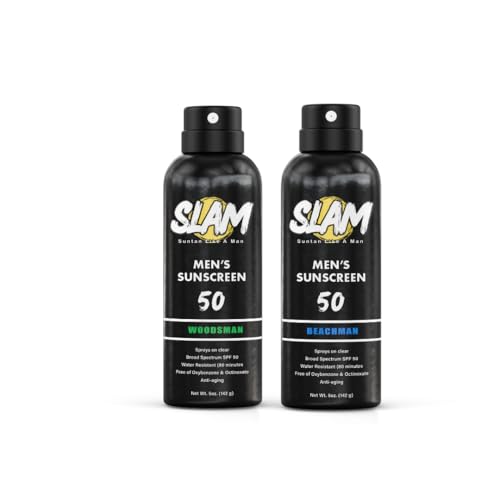 SLAM WoodsMan & BeachMan Bundle - Men's Scented Sunscreen, Sunscreen Spray, Water Resistant, Paraben Free, Broad Spectrum UVA/UVB (Large, 50, Sun Protection Factor (SPF))