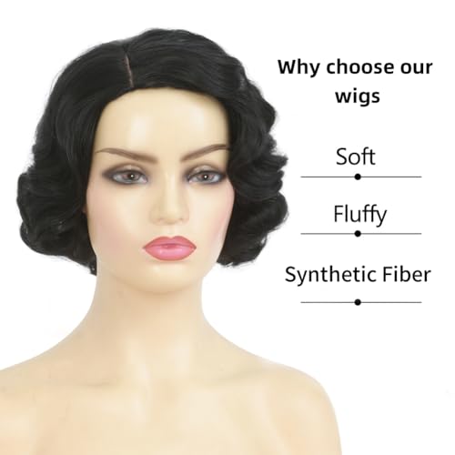 Kaneles Short Black Finger Wave Wig for Women 1920s Style, Heat-Resistant Synthetic Hair, Vintage Cosplay & Daily Wear