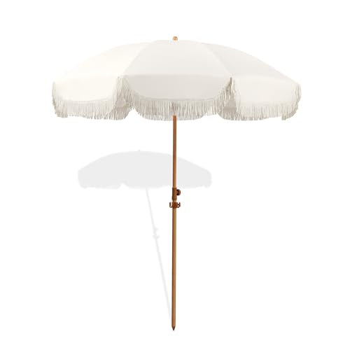 Seazul 6.5ft Patio Umbrella with Fringe – Elegant Cream, Tilt, Anti-Rust Aluminum Pole