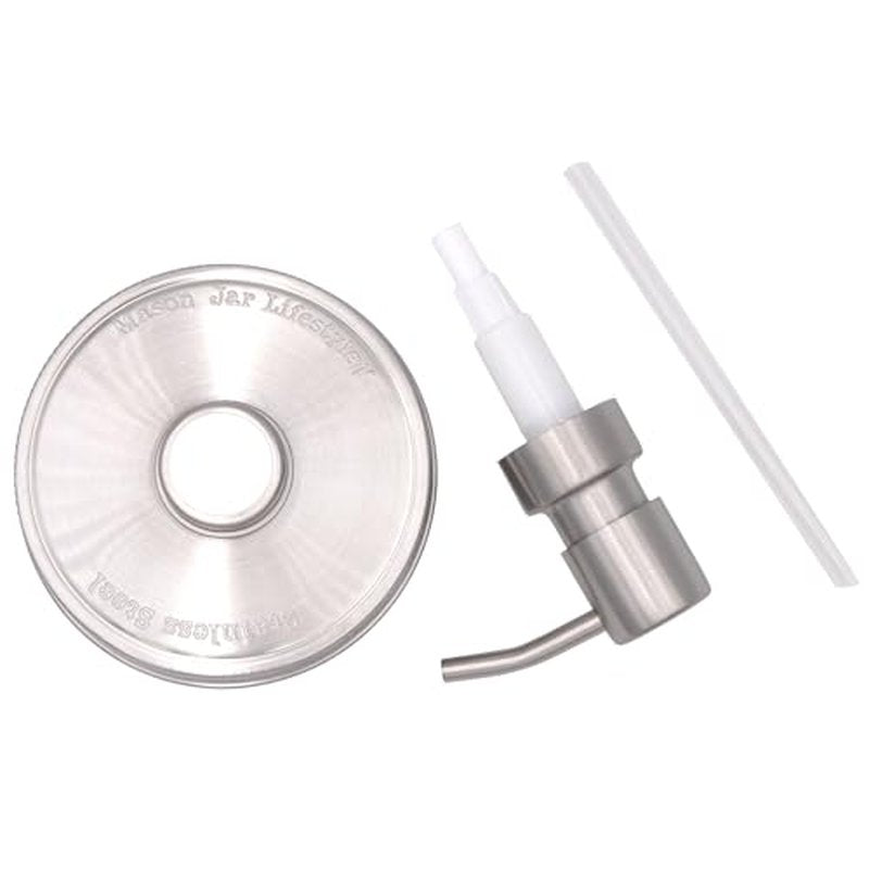 Mason Jar Soap/Lotion Pump Kit Satin/Brushed Nickel Finish Stainless Steel Adapter Lid by Mason Jar Lifestyle (Wide Mouth, #5)