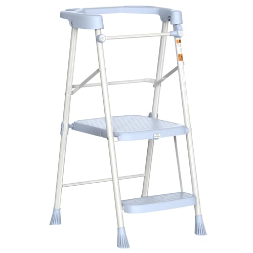 HBTower Foldable Kids Step Stool with Safety Railing - Blue, No Assembly, Toddler Tower for Independence