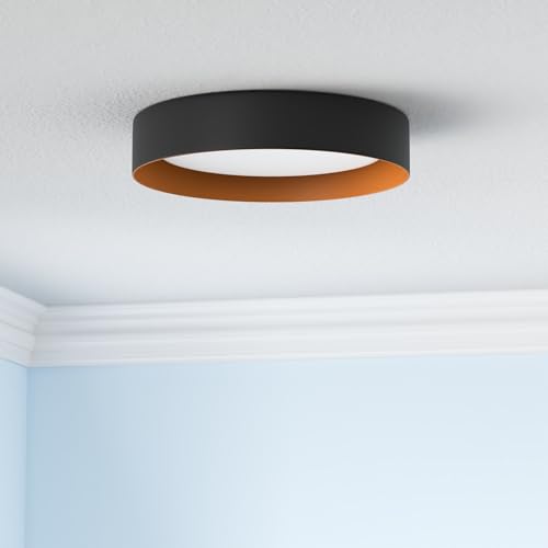 16.5-Inch Matte Black Flush Mount Ceiling Light with Gold Interior - Modern Minimalist Design