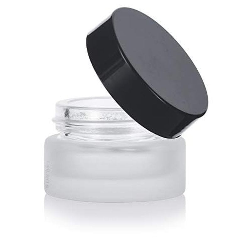 (24 pack) 5 ml 1/6 oz Frosted Clear Glass Small Thick Wall Jars with Black Smooth Foam Lined Lids