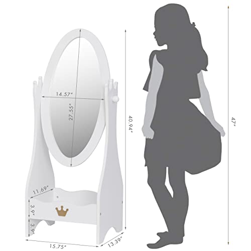 Kids Full Length Floor Mirror with Crown Design, Adjustable Angle & Storage