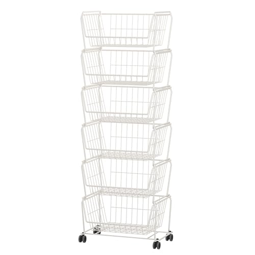 White 6-Tier Tall Wire Storage Baskets with Lockable Wheels - Vertical Kitchen Organizer