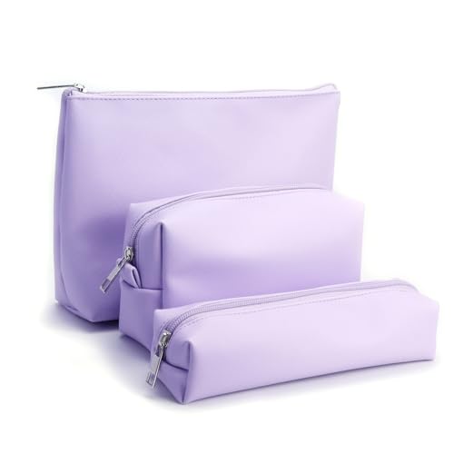 Travel Makeup Bags Set, 3-Piece Large Toiletry Organizer, Multi-Size Cosmetic Bags with Zipper (Purple)